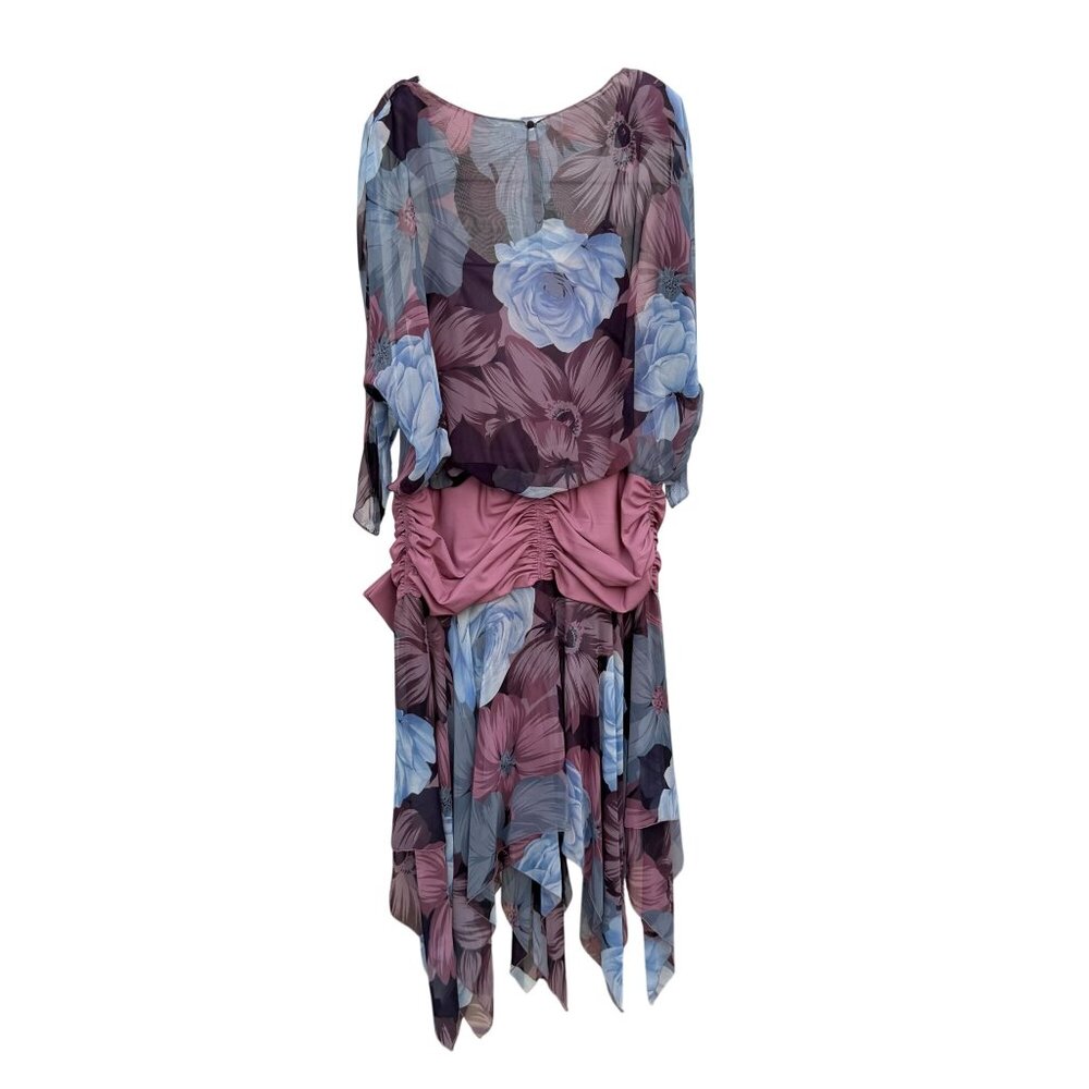 Floral Asymmetric Draped Bow Dress 16 VTG 80s Sheer Purple Blue Ruched Maiello - Picture 7 of 7
